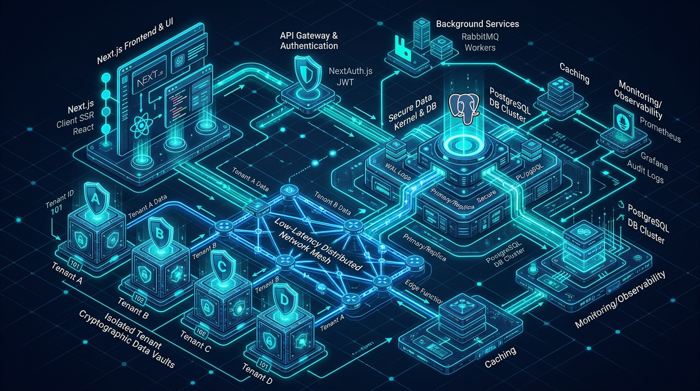 Multi-tenant SaaS Architecture diagram with Next.js 15 and PostgreSQL RLS